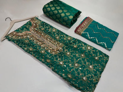 Latest Jamawar 3-Piece Suit with Hand Embroidery | Unstitched
