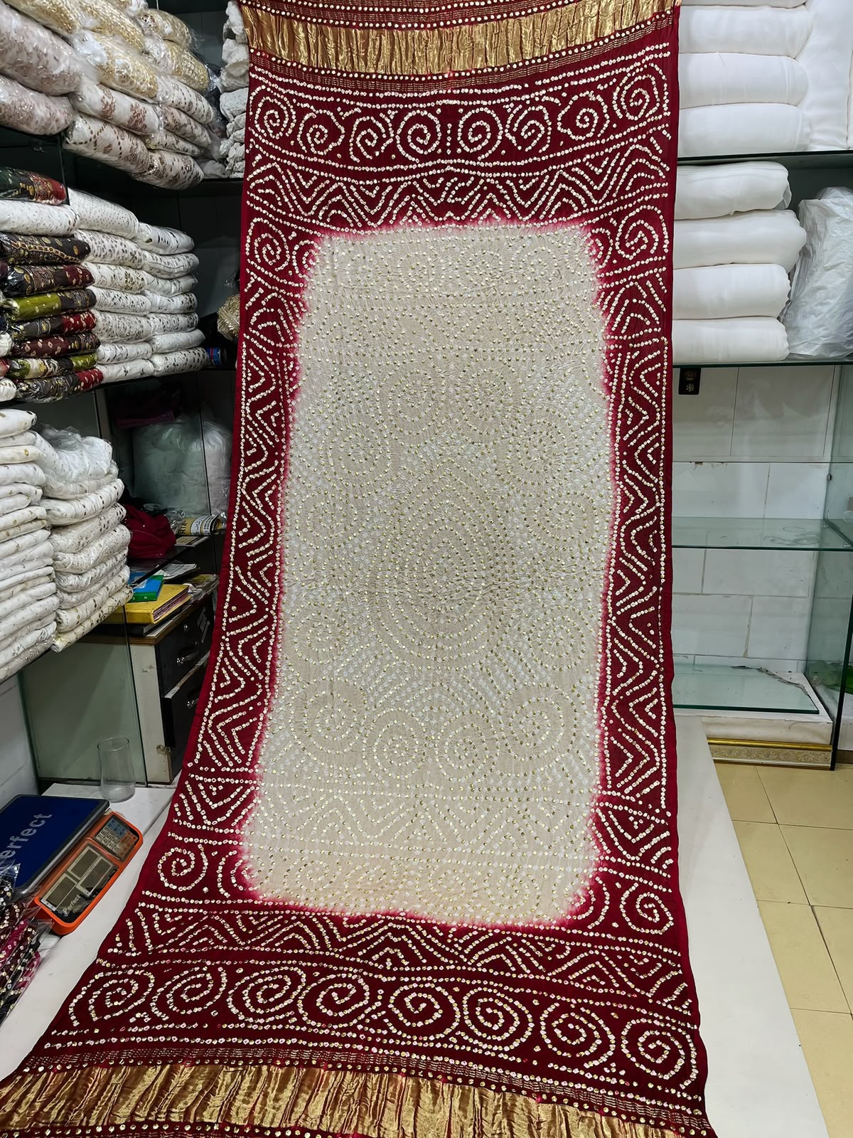 Pure Indian Gajji Silk Dupatta with Premium Golden & Silver Mukesh Work