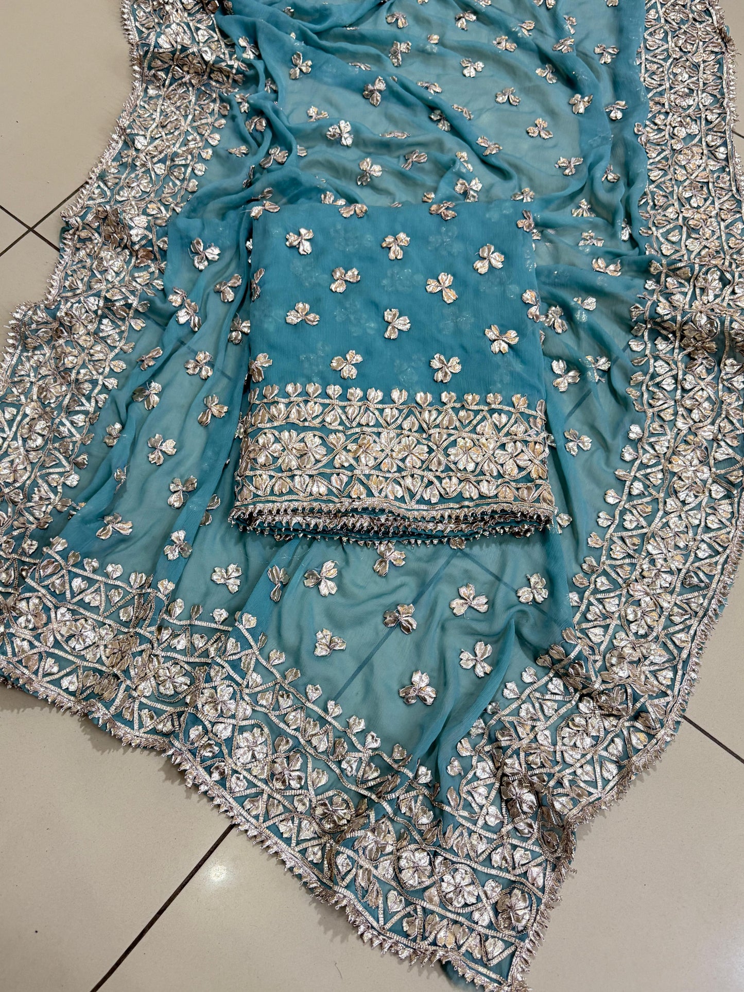 Handmade LCD Gotta Work Soft Bamber Chiffon Shirt & Dupatta | Dual-Sided Embroidery