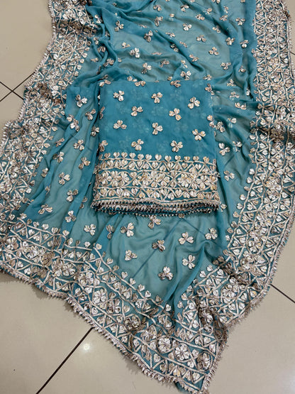 Handmade LCD Gotta Work Soft Bamber Chiffon Shirt & Dupatta | Dual-Sided Embroidery