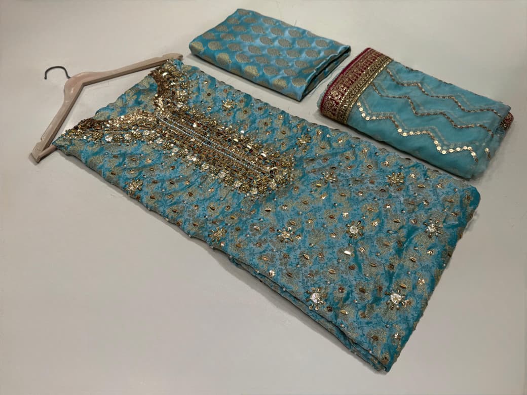 Latest Jamawar 3-Piece Suit with Hand Embroidery | Unstitched