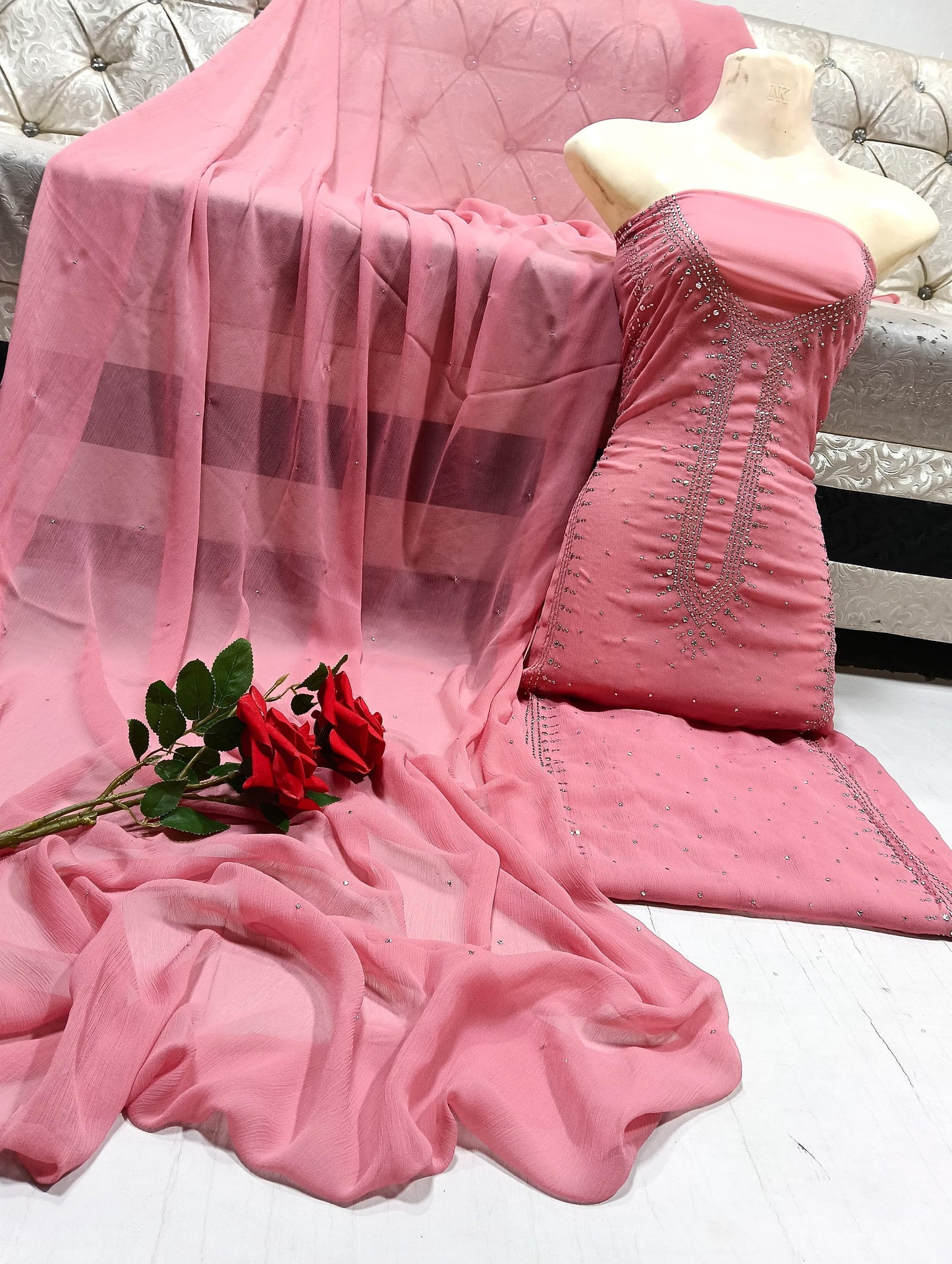 Handmade Mukesh Work Soft Bamber Chiffon Shirt & Dupatta Set | New Arrival