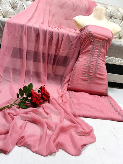 Handmade Mukesh Work Soft Bamber Chiffon Shirt & Dupatta Set | New Arrival