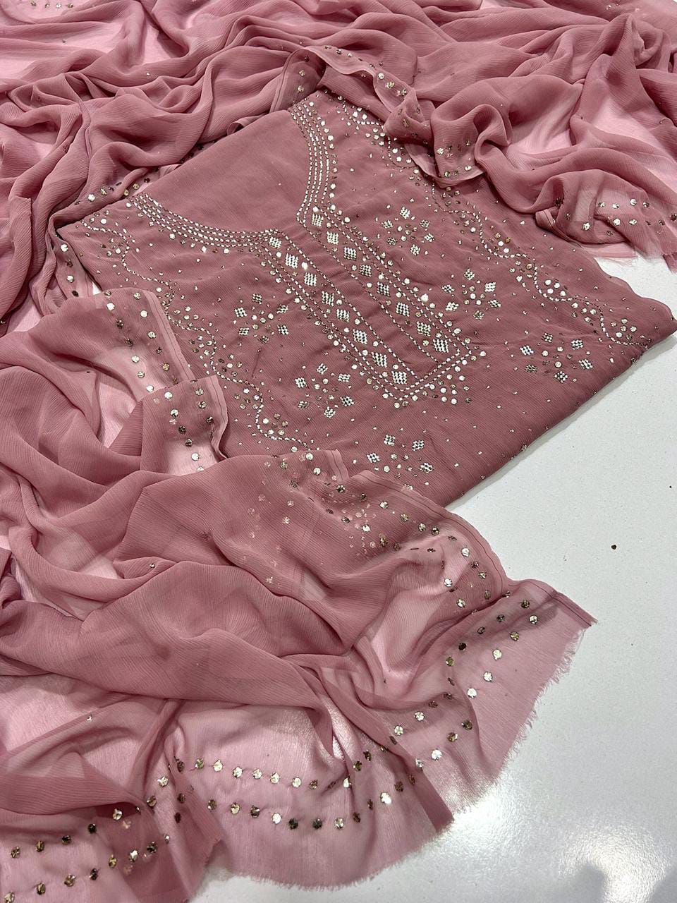 Pure Chiffon Handcrafted Mukesh & Kamdani Jaal Work Shirt with Four-Side Border Dupatta