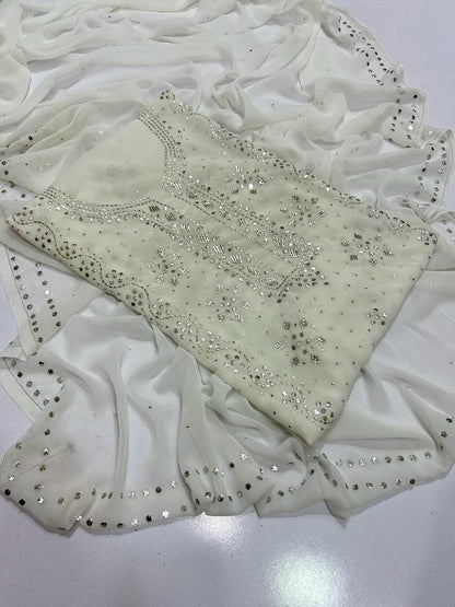 Pure Chiffon Handcrafted Mukesh & Kamdani Jaal Work Shirt with Four-Side Border Dupatta