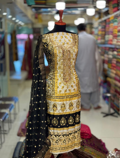 Heavy Embroidered Pure Silk Shirt with Gotta, Mirror & Sequence Work | 3-Piece Unstitched Suit