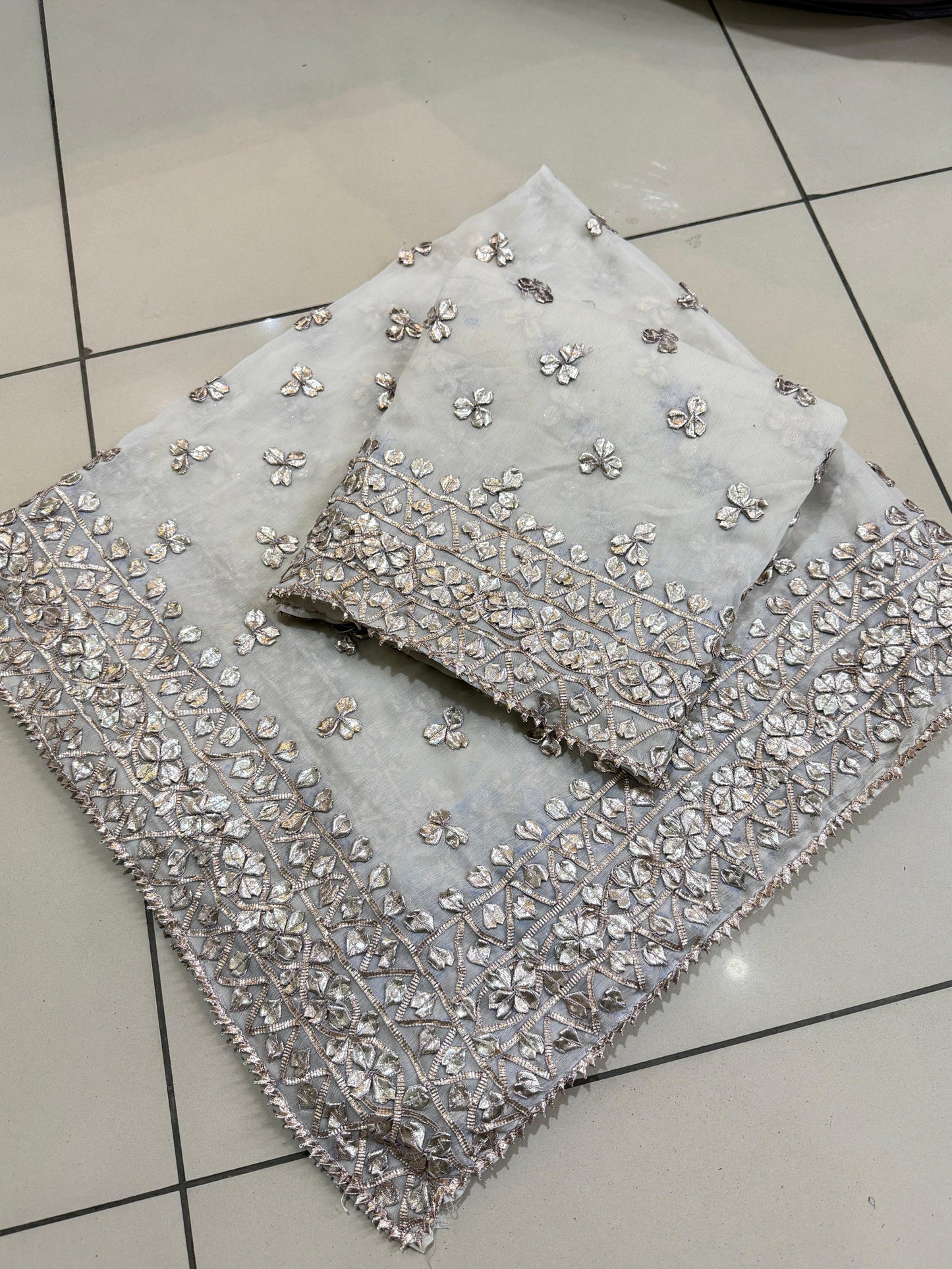 Handmade LCD Gotta Work Soft Bamber Chiffon Shirt & Dupatta | Dual-Sided Embroidery