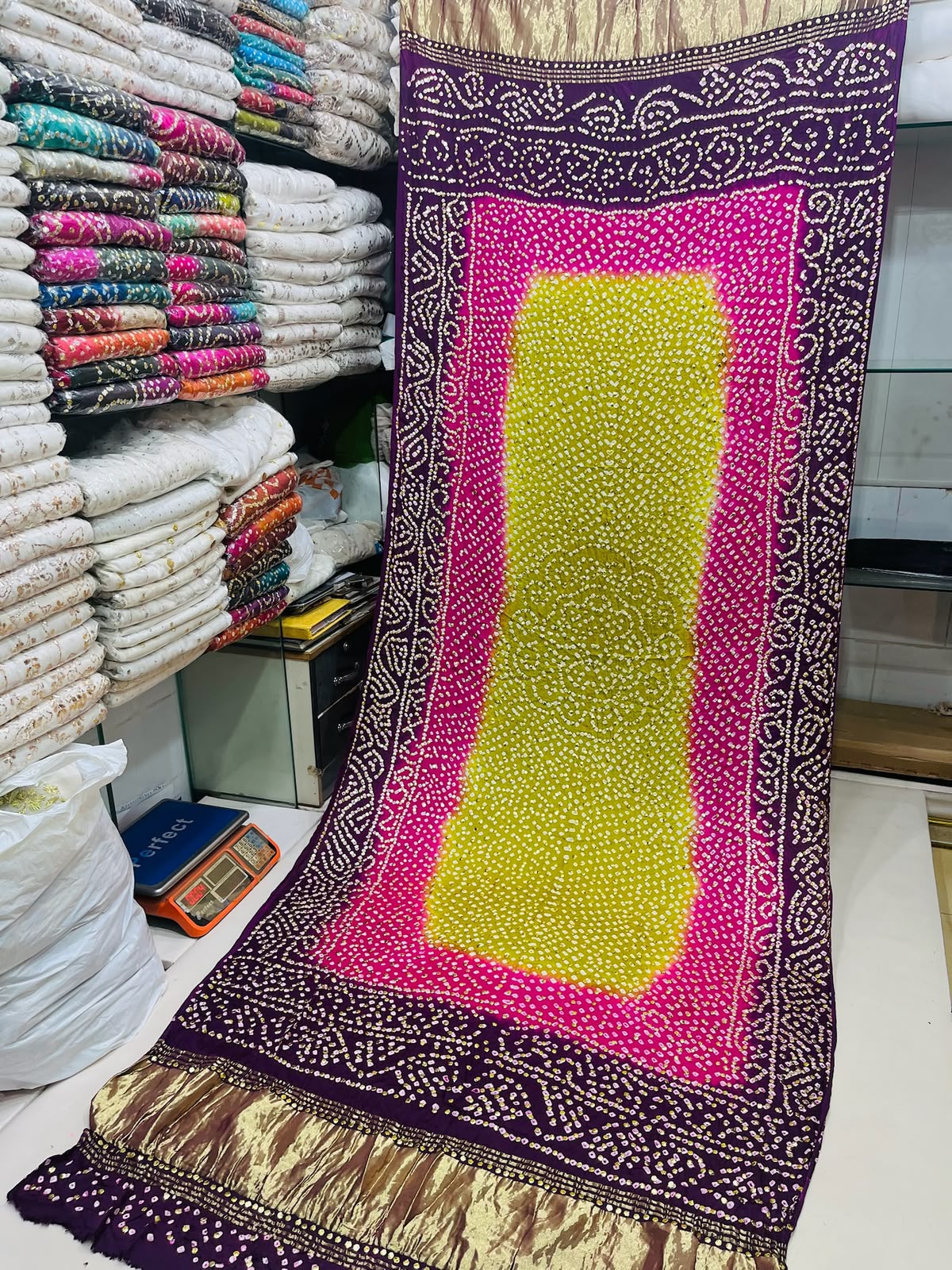 Pure Indian Gajji Silk Dupatta with Premium Golden & Silver Mukesh Work