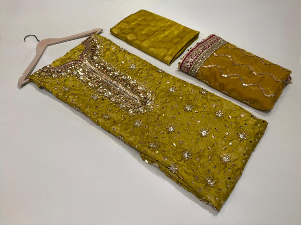 Latest Jamawar 3-Piece Suit with Hand Embroidery | Unstitched