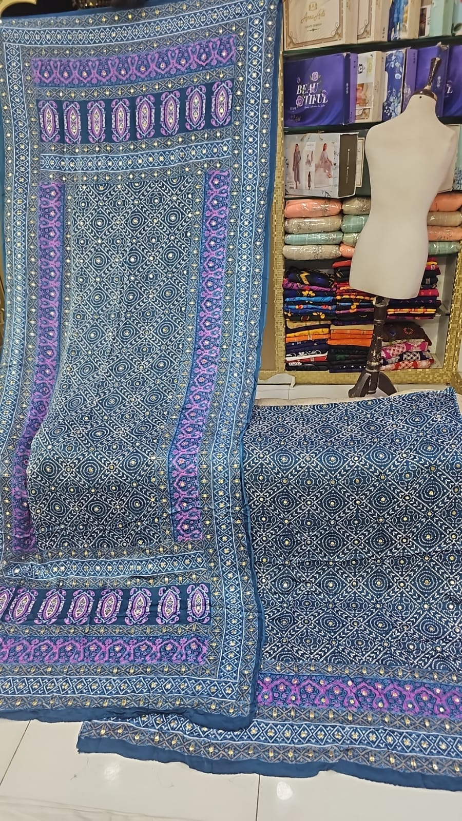 Handmade Ajrak & Kamdani Mukesh Work Traditional 3-Piece Festive Dress | New Arrival